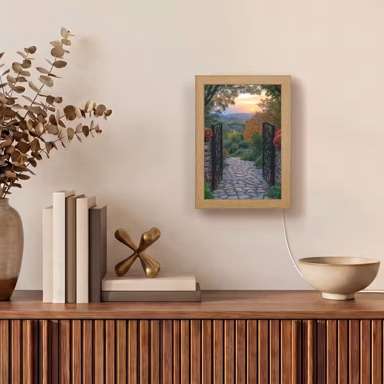 Landschap - Hek - Pad - Zonsondergang - Natuur Light Box met kabel (Tafellamp) klein -sfeer2