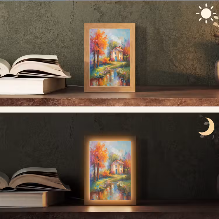 Landschap - Kleurrijk - Olieverf - Kunst Light Box met kabel (Tafellamp) klein -sfeer3