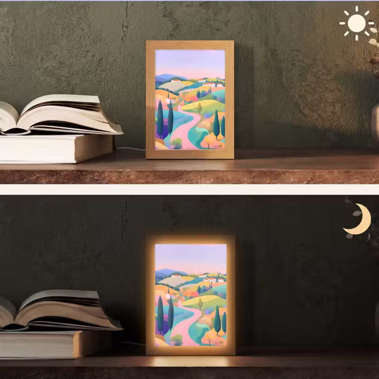 Landschap - Paars - Pastel - Huizen Light Box met kabel (Tafellamp) klein -sfeer3