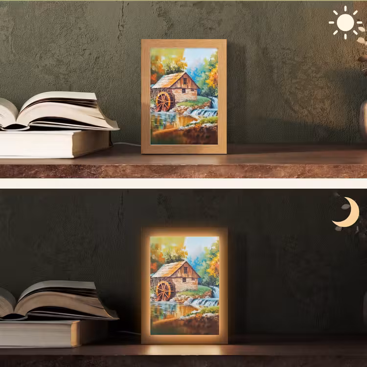 Landschap - Schilderij - Huis - Kunst - Herfst Light Box met kabel (Tafellamp) klein -sfeer3