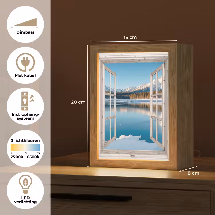 Landschap - Winter - Meer - Bergen - Uitzicht - Doorkijk - Licht Light Box met kabel (Tafellamp) klein -USP_NL