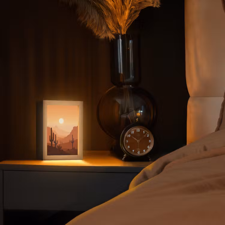 Landschap - Woestijn - Cactussen - Zon Light Box met kabel (Tafellamp) klein -sfeer1