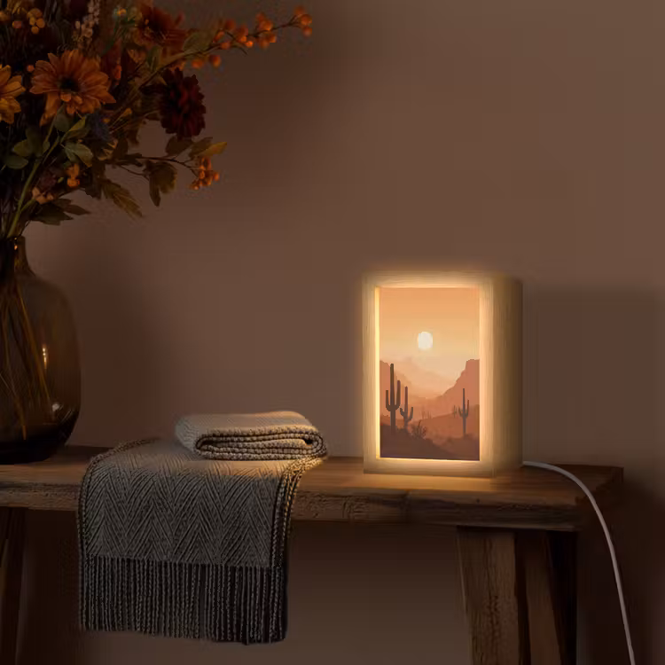 Landschap - Woestijn - Cactussen - Zon Light Box met kabel (Tafellamp) klein -sfeer4