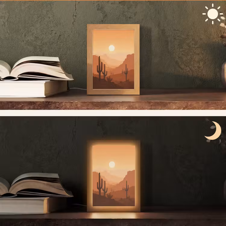 Landschap - Woestijn - Cactussen - Zon Light Box met kabel (Tafellamp) klein -sfeer3