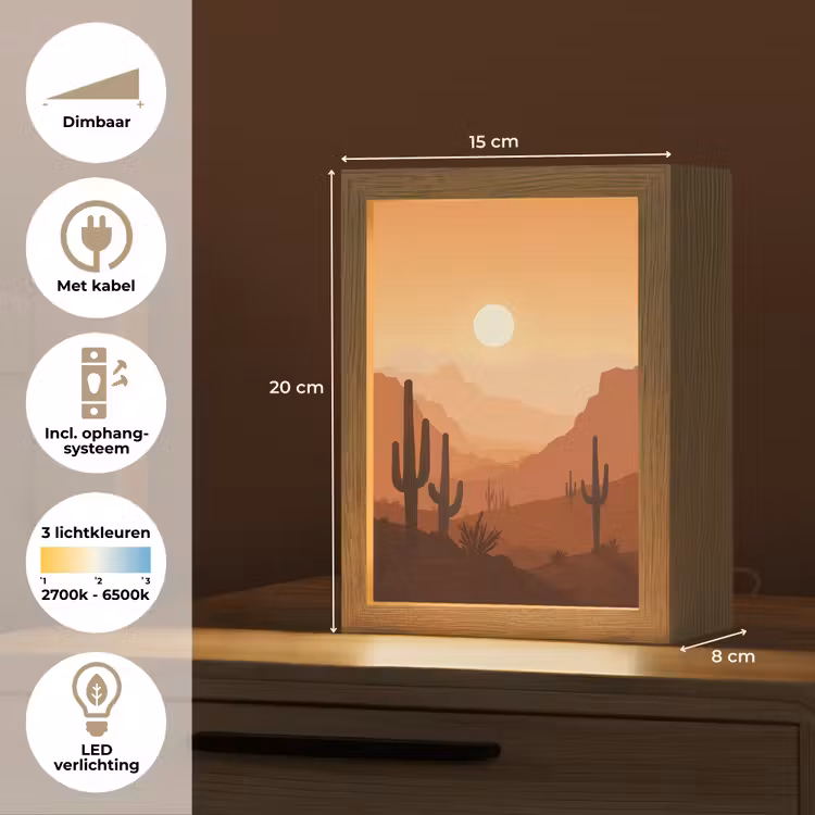 Landschap - Woestijn - Cactussen - Zon Light Box met kabel (Tafellamp) klein -USP_NL