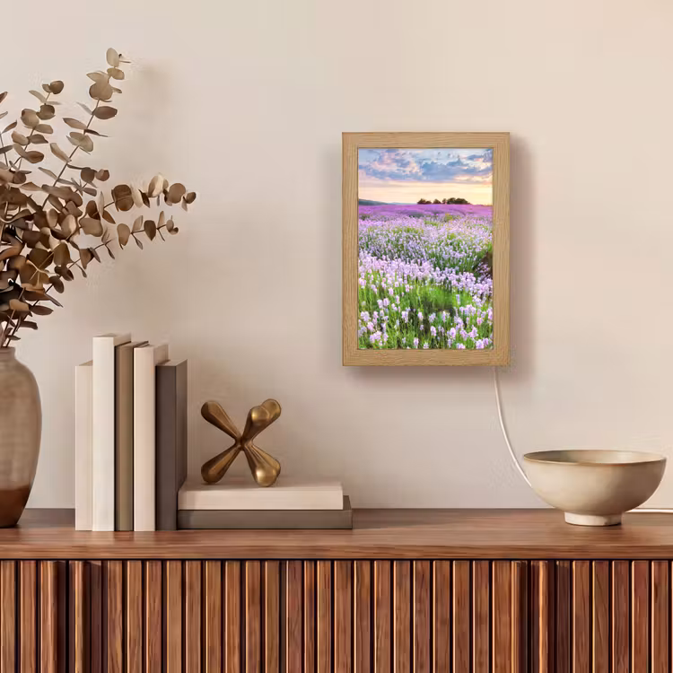 Lavendel - Bloemen - Zonsondergang - Paars - Weide Light Box met kabel (Tafellamp) klein -sfeer2