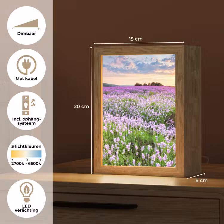 Lavendel - Bloemen - Zonsondergang - Paars - Weide Light Box met kabel (Tafellamp) klein -USP_NL
