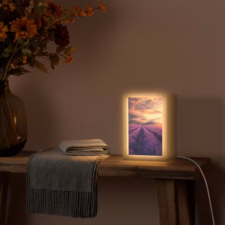 Lavendelveld - Zonsondergang - Paars Light Box met kabel (Tafellamp) klein -sfeer4