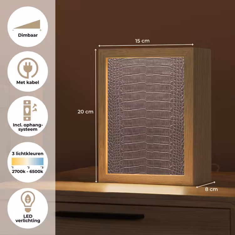 Leer - Krokodil - Mat Light Box met kabel (Tafellamp) klein -USP_NL