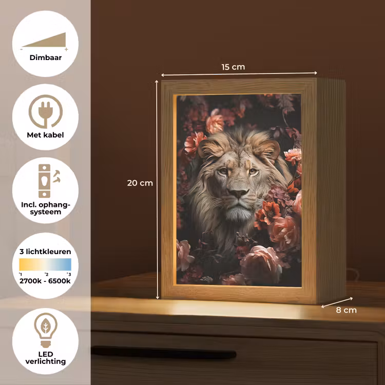 Leeuw - Dier - Natuur - Botanisch - Bloemen - Roze Light Box met kabel (Tafellamp) klein -USP_NL
