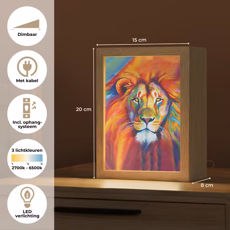 Leeuw - Dieren - Olieverf - Regenboog Light Box met kabel (Tafellamp) klein -USP_NL