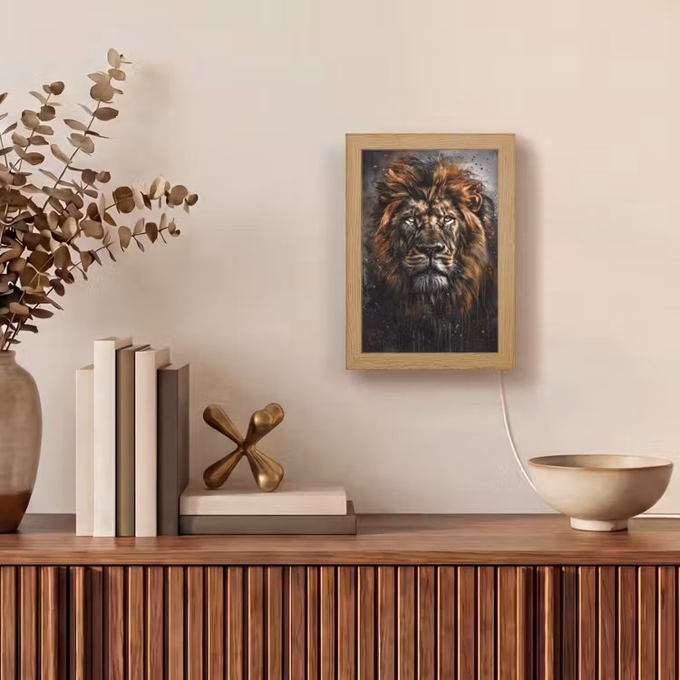 Leeuw - Dieren - Portret - Zwart - Luxe Light Box met kabel (Tafellamp) klein -sfeer2