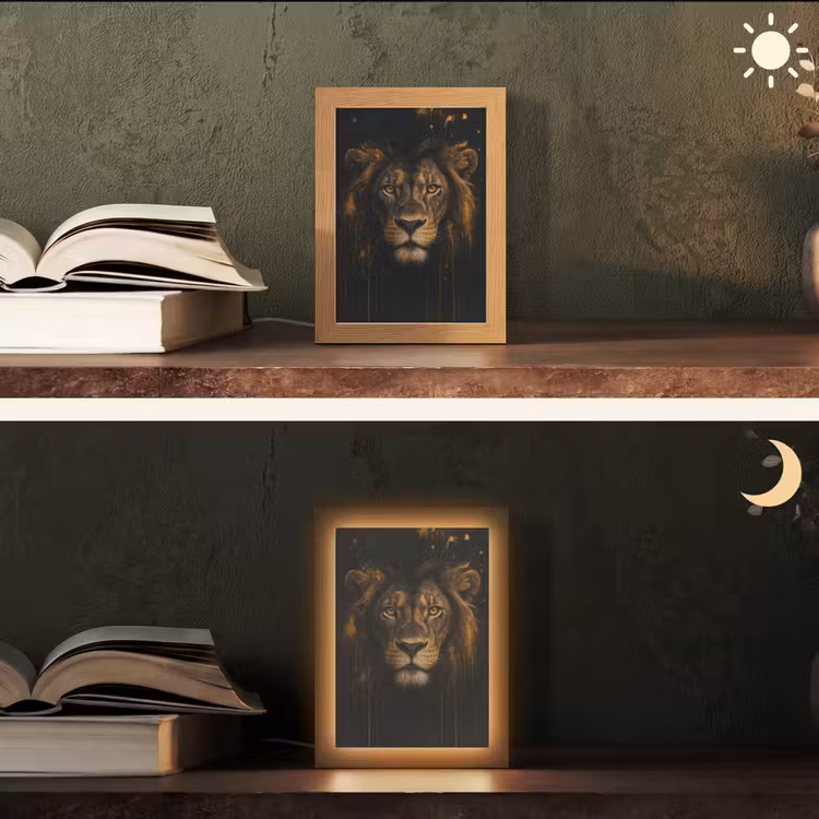 Leeuw - Goud - Druppels Light Box met kabel (Tafellamp) klein -sfeer3