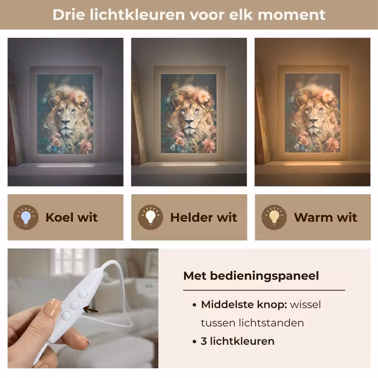 Leeuw - Leeuwenkop - Wilde dieren - Bloemen Light Box met kabel (Tafellamp) klein -USP_lichtkleurNL