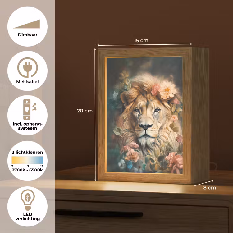 Leeuw - Leeuwenkop - Wilde dieren - Bloemen Light Box met kabel (Tafellamp) klein -USP_NL