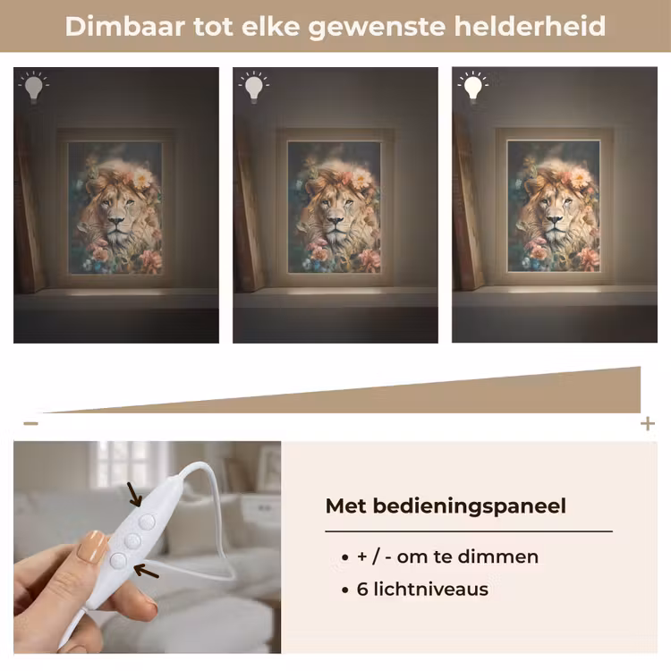 Leeuw - Leeuwenkop - Wilde dieren - Bloemen Light Box met kabel (Tafellamp) klein -USP_dimbaarNL