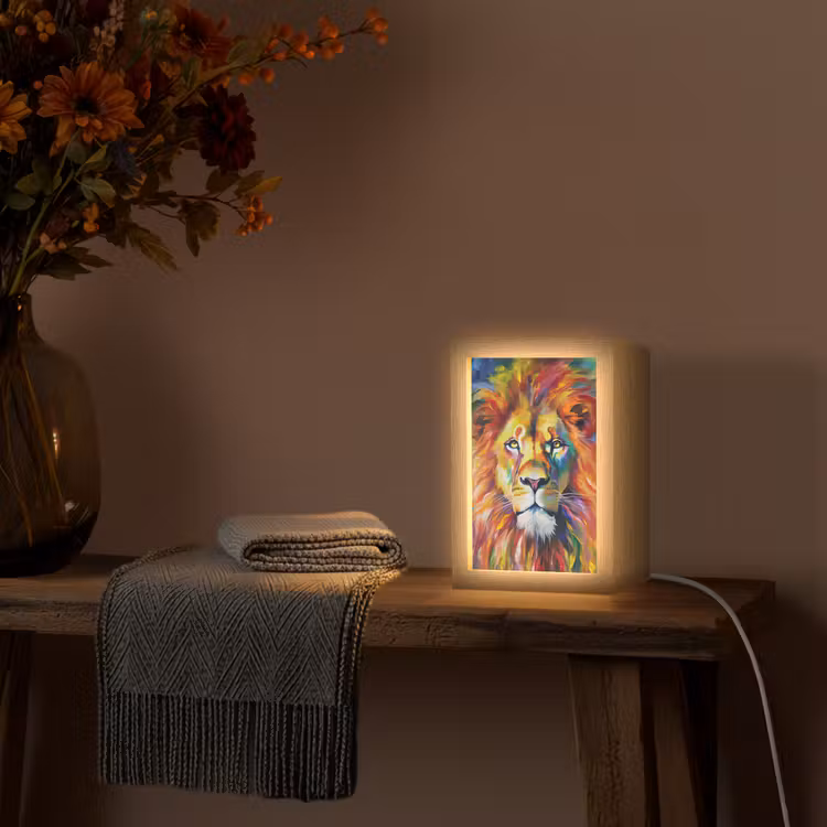 Leeuw - Olieverf - Kunst - Dieren Light Box met kabel (Tafellamp) klein -sfeer4