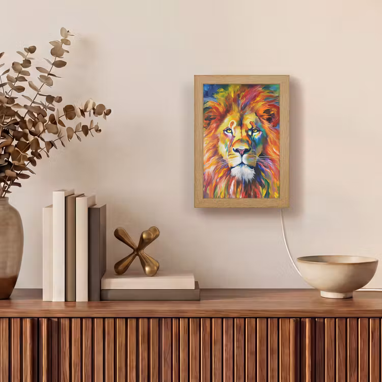 Leeuw - Olieverf - Kunst - Dieren Light Box met kabel (Tafellamp) klein -sfeer2