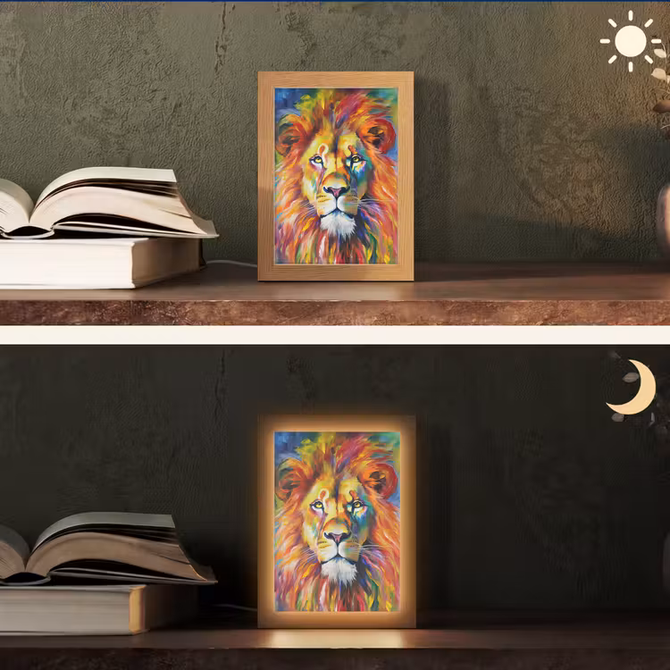 Leeuw - Olieverf - Kunst - Dieren Light Box met kabel (Tafellamp) klein -sfeer3