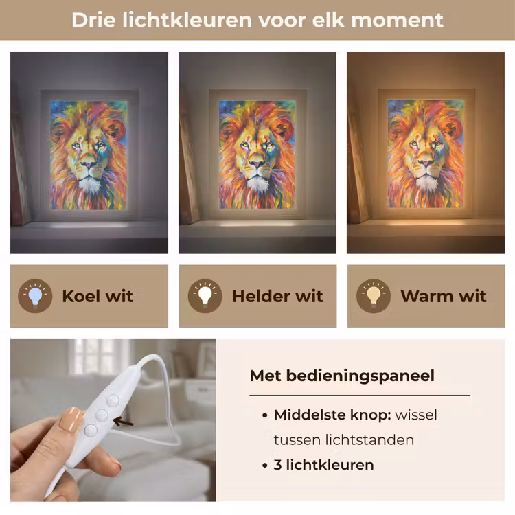 Leeuw - Olieverf - Kunst - Dieren Light Box met kabel (Tafellamp) klein -USP_lichtkleurNL