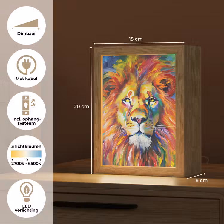 Leeuw - Olieverf - Kunst - Dieren Light Box met kabel (Tafellamp) klein -USP_NL