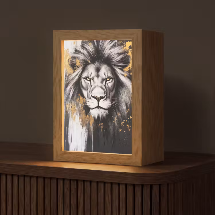 Leeuw - Portret - Verfspatten - Grijs Light Box met kabel (Tafellamp) klein -z3d_website