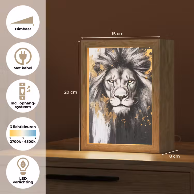 Leeuw - Portret - Verfspatten - Grijs Light Box met kabel (Tafellamp) klein -USP_NL