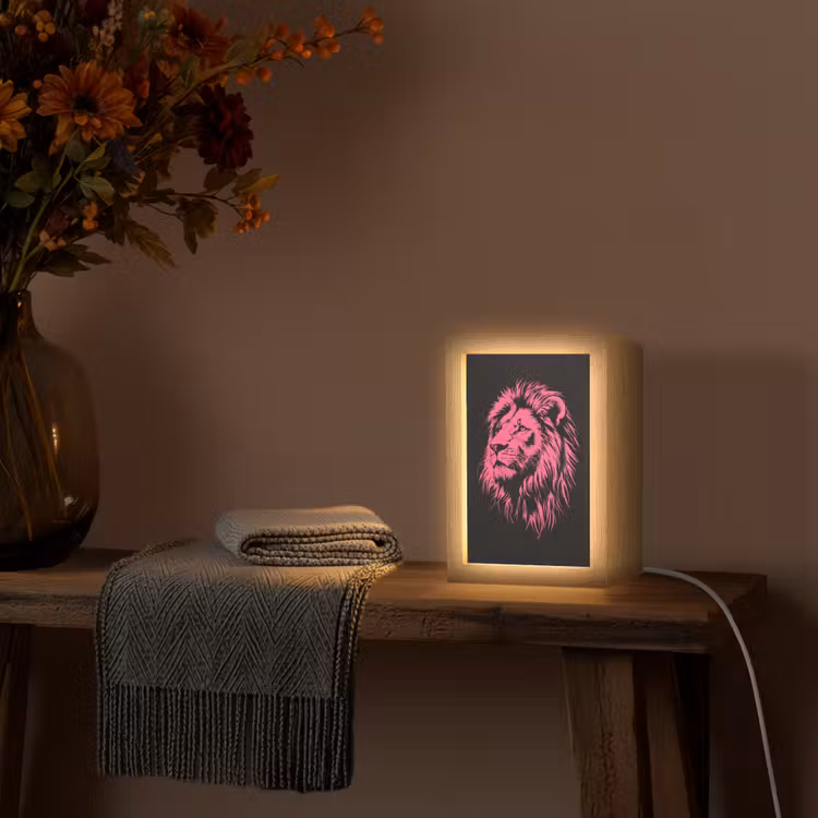 Leeuw - Zwart - Roze - Neon Light Box met kabel (Tafellamp) klein -sfeer4