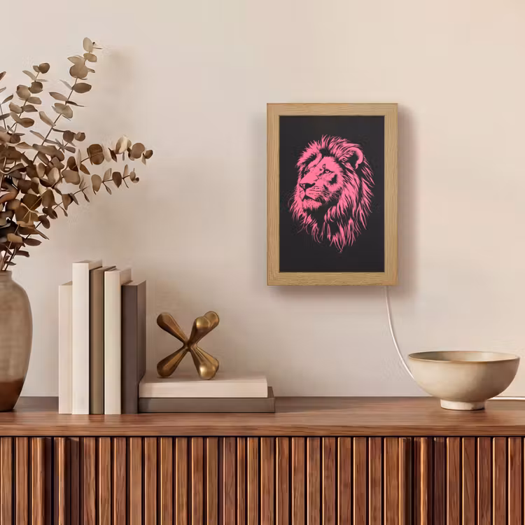 Leeuw - Zwart - Roze - Neon Light Box met kabel (Tafellamp) klein -sfeer2