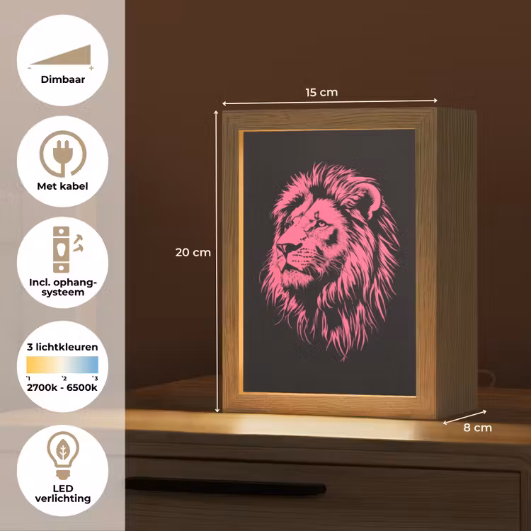 Leeuw - Zwart - Roze - Neon Light Box met kabel (Tafellamp) klein -USP_NL