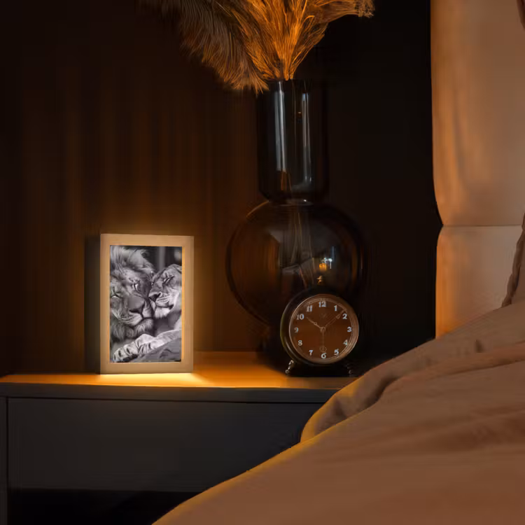Leeuwen - Dieren - Zwart - Wit - Leeuw Light Box met kabel (Tafellamp) klein -sfeer1