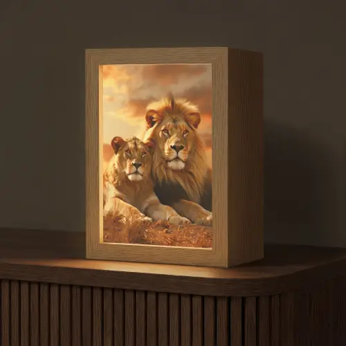 Leeuwen - Zonsondergang - Afrika - Savanne - Dieren Light Box met kabel (Tafellamp) klein -z3d_website