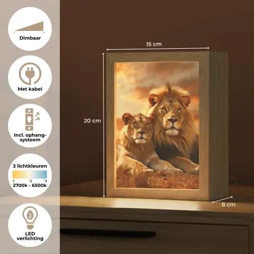 Leeuwen - Zonsondergang - Afrika - Savanne - Dieren Light Box met kabel (Tafellamp) klein -USP_NL