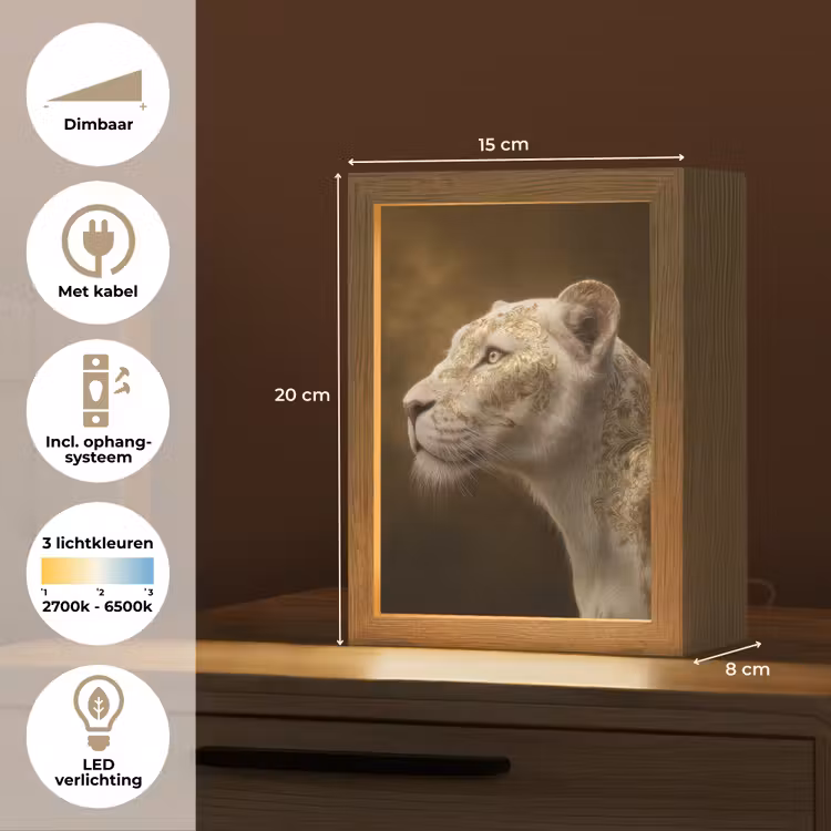 Leeuwin - Bloemen - Wit - Goud Light Box met kabel (Tafellamp) klein -USP_NL