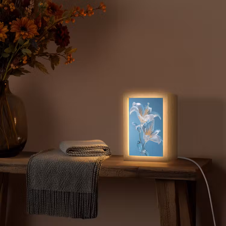Lelies - Blauw - Glazen Light Box met kabel (Tafellamp) klein -sfeer4
