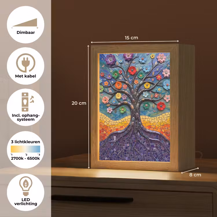 Levensboom - Mozaïek - Bloemen - Kleurrijk - Vrolijk Light Box met kabel (Tafellamp) klein -USP_NL