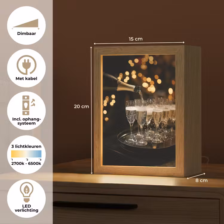Lichtjes - Champagne - Dienblad - Glazen Light Box met kabel (Tafellamp) klein -USP_NL