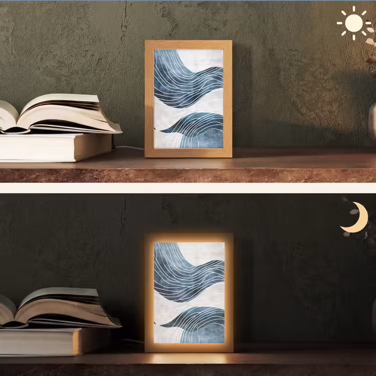 Lijnen - Golven - Abstract - Blauw Light Box met kabel (Tafellamp) klein -sfeer3