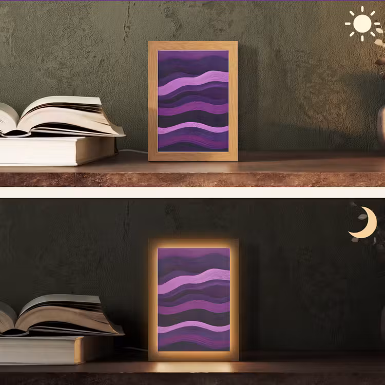 Lijnen - Golven - Paars - Abstract Light Box met kabel (Tafellamp) klein -sfeer3