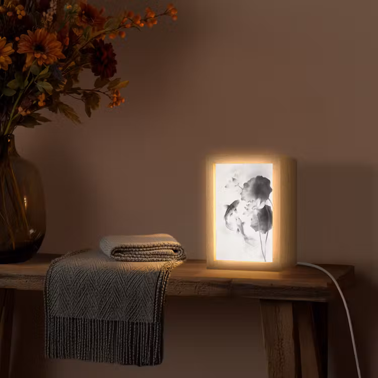 Lotusbloemen - Vissen - Bladeren - Zwart Light Box met kabel (Tafellamp) klein -sfeer4