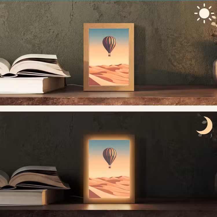 Luchtballon - Woestijn - Zonsondergang - Blauw Light Box met kabel (Tafellamp) klein -sfeer3