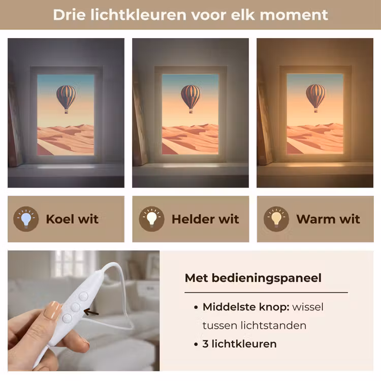 Luchtballon - Woestijn - Zonsondergang - Blauw Light Box met kabel (Tafellamp) klein -USP_lichtkleurNL