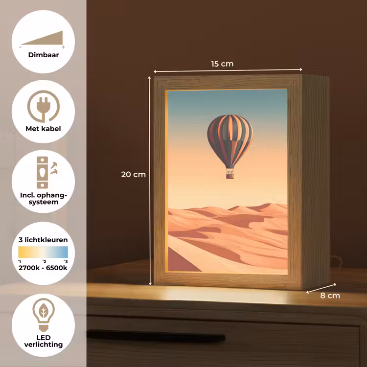 Luchtballon - Woestijn - Zonsondergang - Blauw Light Box met kabel (Tafellamp) klein -USP_NL
