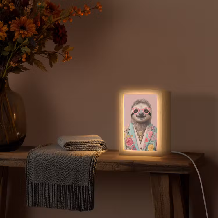 Luiaard - Bloemenprint - Bril - Roze Light Box met kabel (Tafellamp) klein -sfeer4