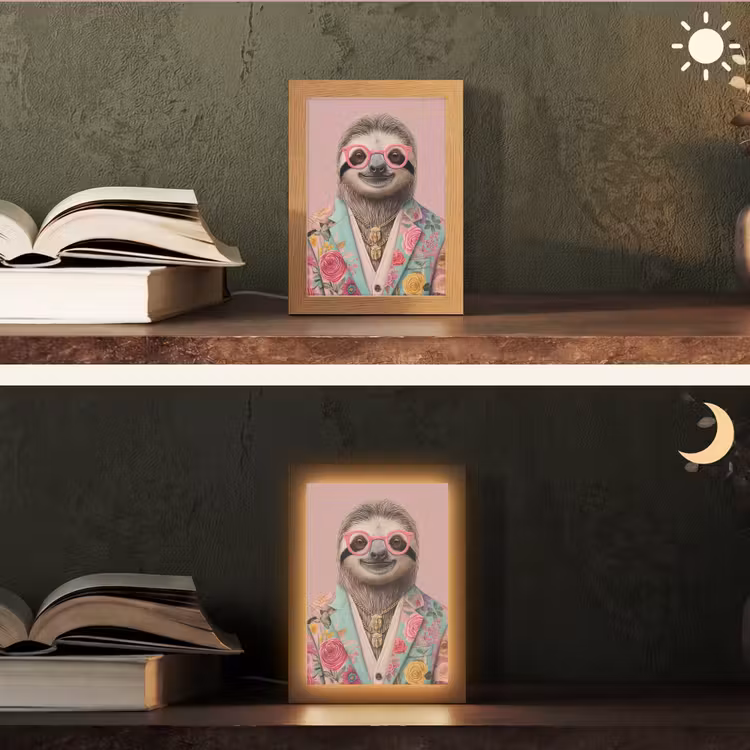 Luiaard - Bloemenprint - Bril - Roze Light Box met kabel (Tafellamp) klein -sfeer3