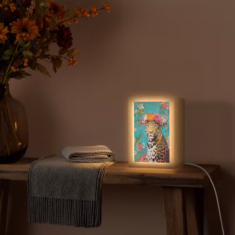 Luipaard - Bloemen - Kroon Light Box met kabel (Tafellamp) klein -sfeer4