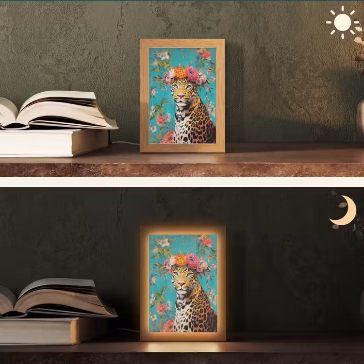 Luipaard - Bloemen - Kroon Light Box met kabel (Tafellamp) klein -sfeer3