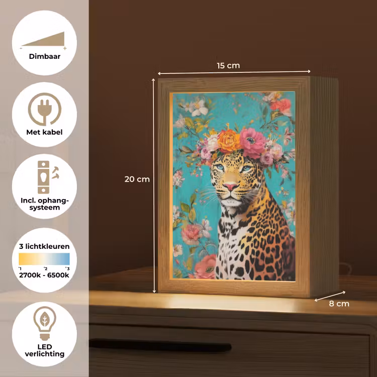 Luipaard - Bloemen - Kroon Light Box met kabel (Tafellamp) klein -USP_NL