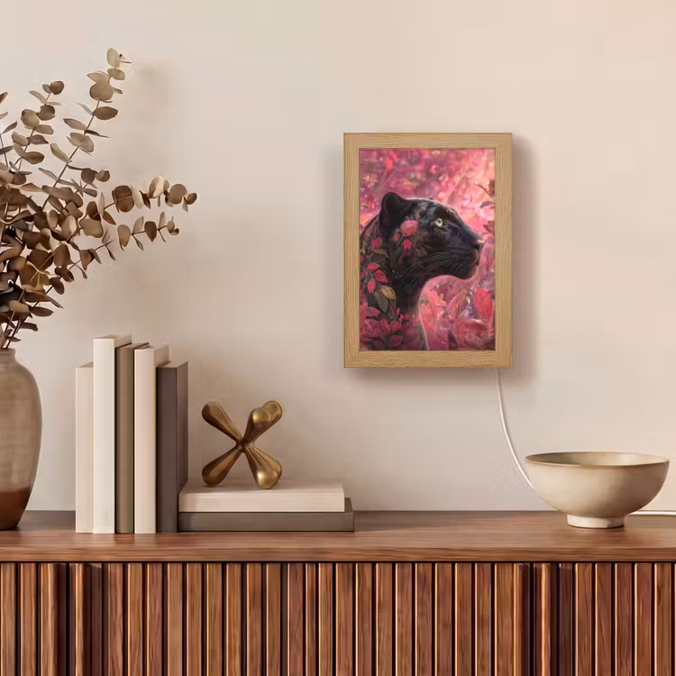 Luipaard - Bloemen - Roze Light Box met kabel (Tafellamp) klein -sfeer2