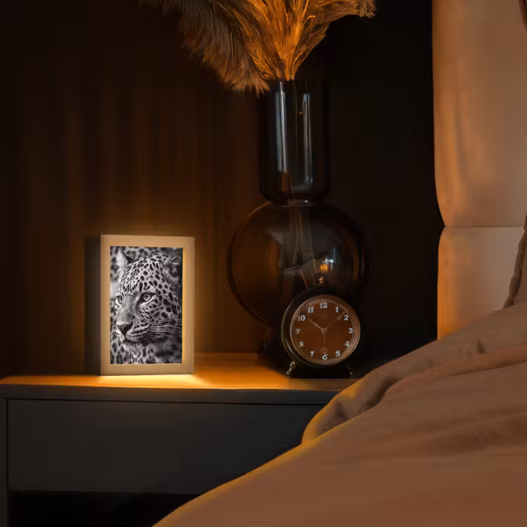 Luipaard - Zwart - Wit - Oog Light Box met kabel (Tafellamp) klein -sfeer1